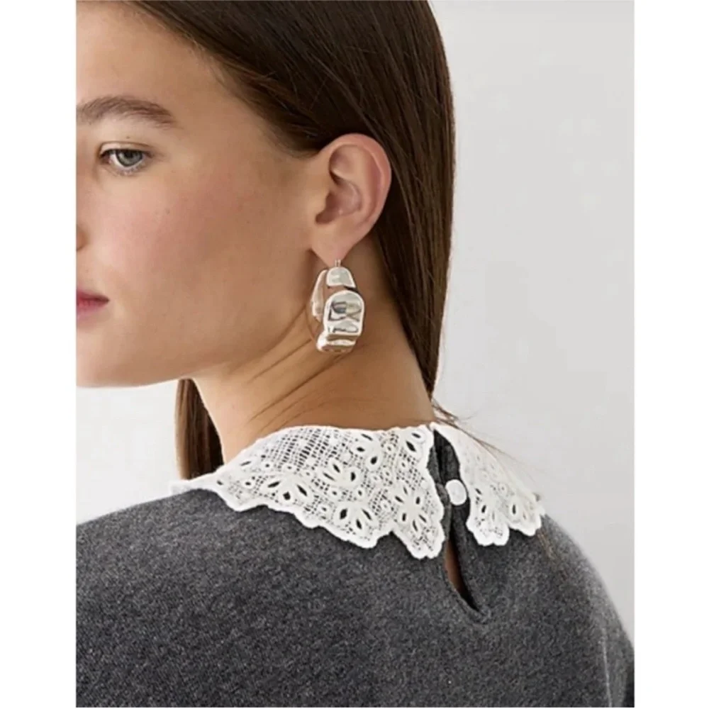 J. Crew Gray Pullover Crewneck Sweatshirt with Crochet Lace Collar and Cuffs